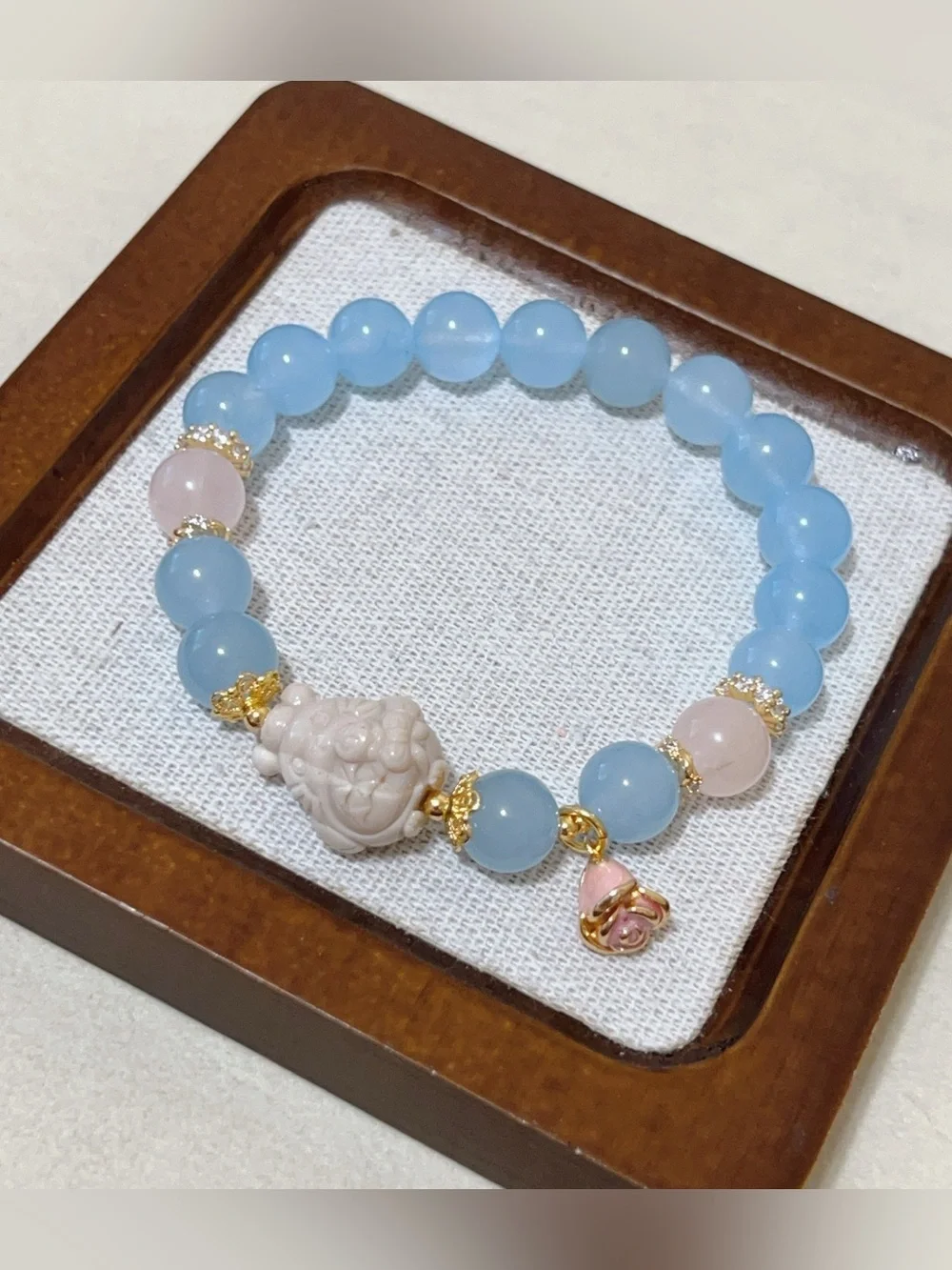 Handmade Blue Chalcedony Bracelet with Cute Alashan Agate stone charm 10mm